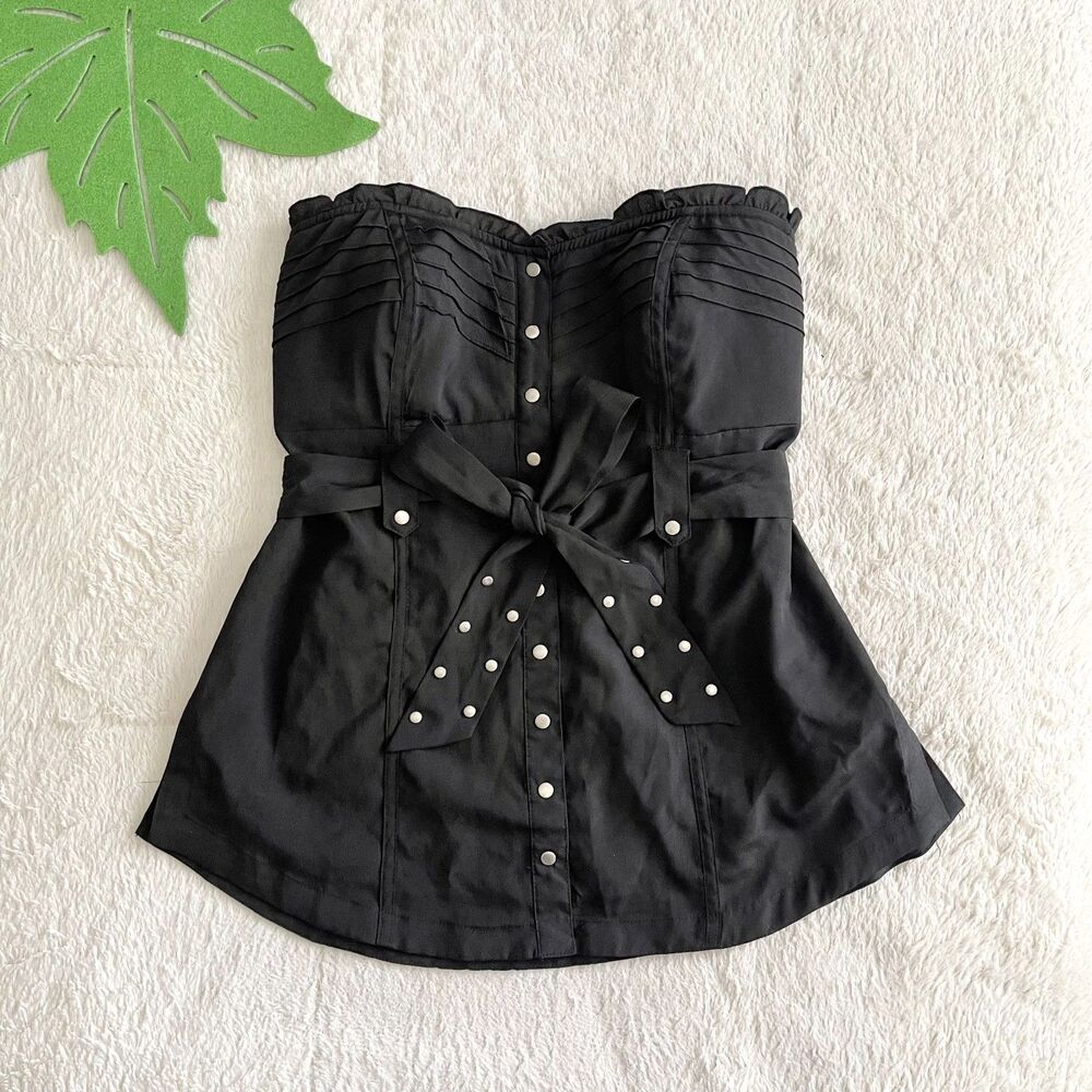 2b bebe Black Strapless Y2K Top Size M Belted Ruffled Pintuck Bust Silver 90s
